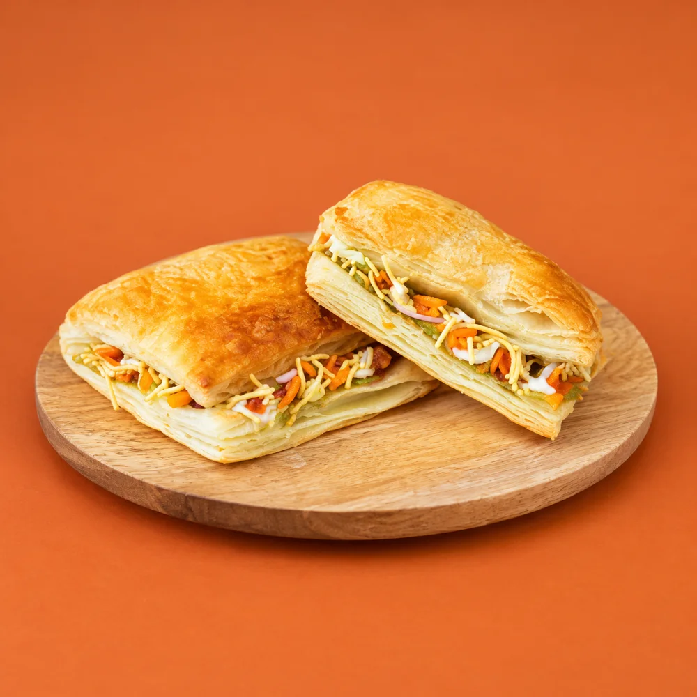 Golden sev-filled puffs, adapted from the supplied menu