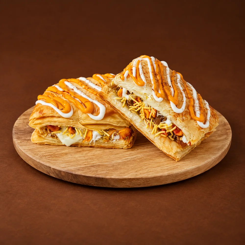 Loaded special puff with sev and sauces, adapted from the supplied menu